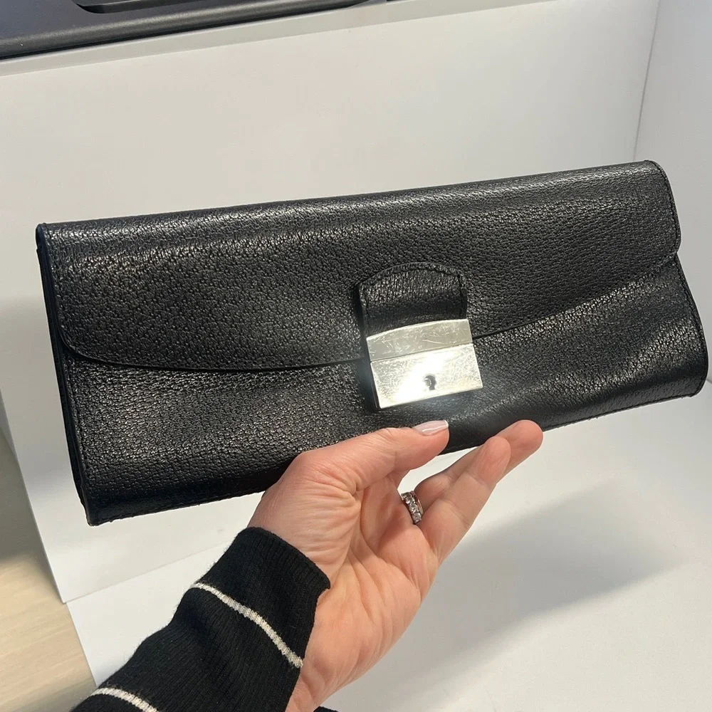 Mark & Graham Black Pebbled Leather Long Clutch Bag Toungue & Groove Closure